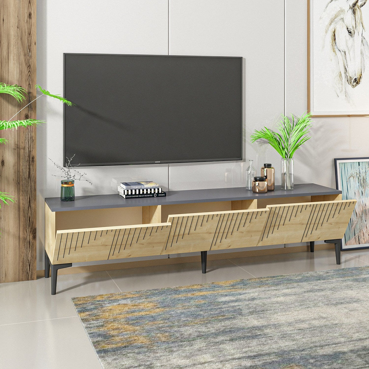 Comodă TV Artemis, Diverse culori, 180x37x45 cm - Stejar safir - Antracit | SKU: 475OLV1463 | Comodă TV Artemis, 180x37x45 cm, varianta Stejar safir - Antracit, produs pentru amenajarea locuinței, disponibil online în România la CasaMob