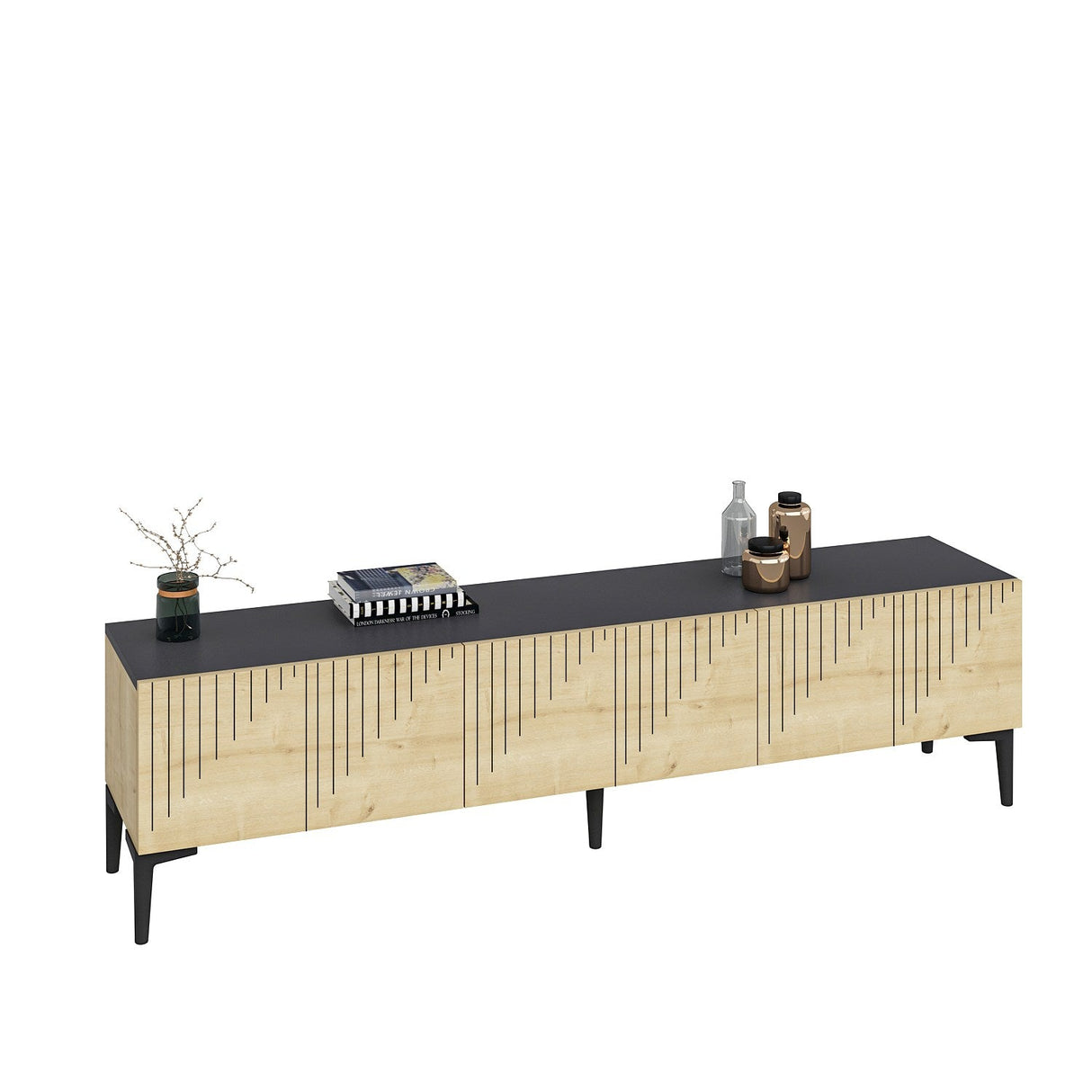 Comodă TV Artemis, Diverse culori, 180x37x45 cm - Stejar safir - Antracit | SKU: 475OLV1463 | Comodă TV Artemis, 180x37x45 cm, varianta Stejar safir - Antracit, produs pentru amenajarea locuinței, disponibil online în România la CasaMob