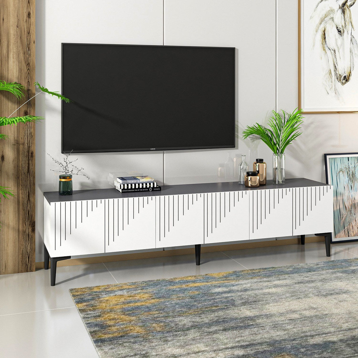 Comodă TV Artemis, Diverse culori, 180x37x45 cm - Alb - Antracit | SKU: 475OLV1462 | Comodă TV Artemis, 180x37x45 cm, varianta Alb - Antracit, produs pentru amenajarea locuinței, disponibil online în România la CasaMob