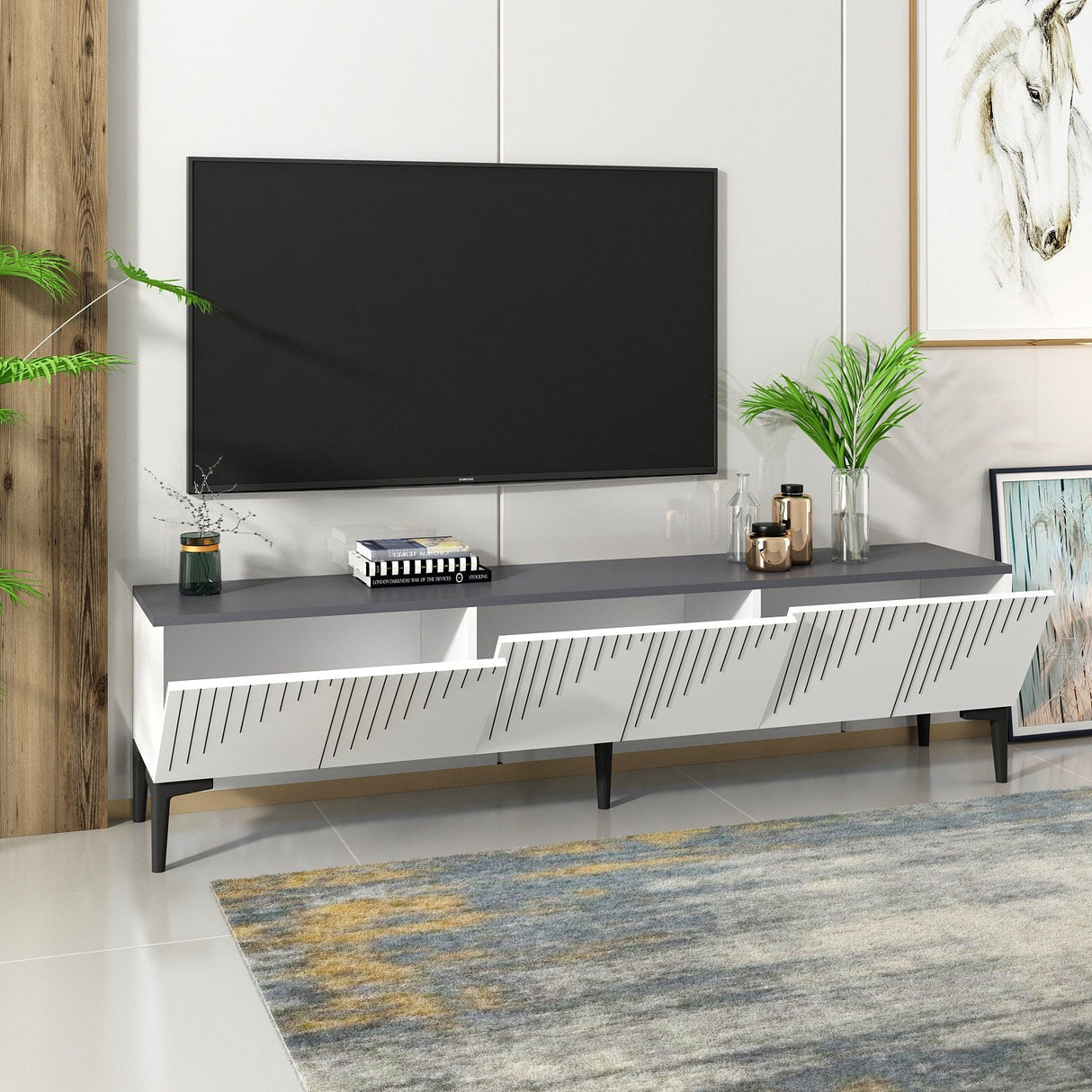 Comodă TV Artemis, Diverse culori, 180x37x45 cm - Alb - Antracit | SKU: 475OLV1462 | Comodă TV Artemis, 180x37x45 cm, varianta Alb - Antracit, produs pentru amenajarea locuinței, disponibil online în România la CasaMob