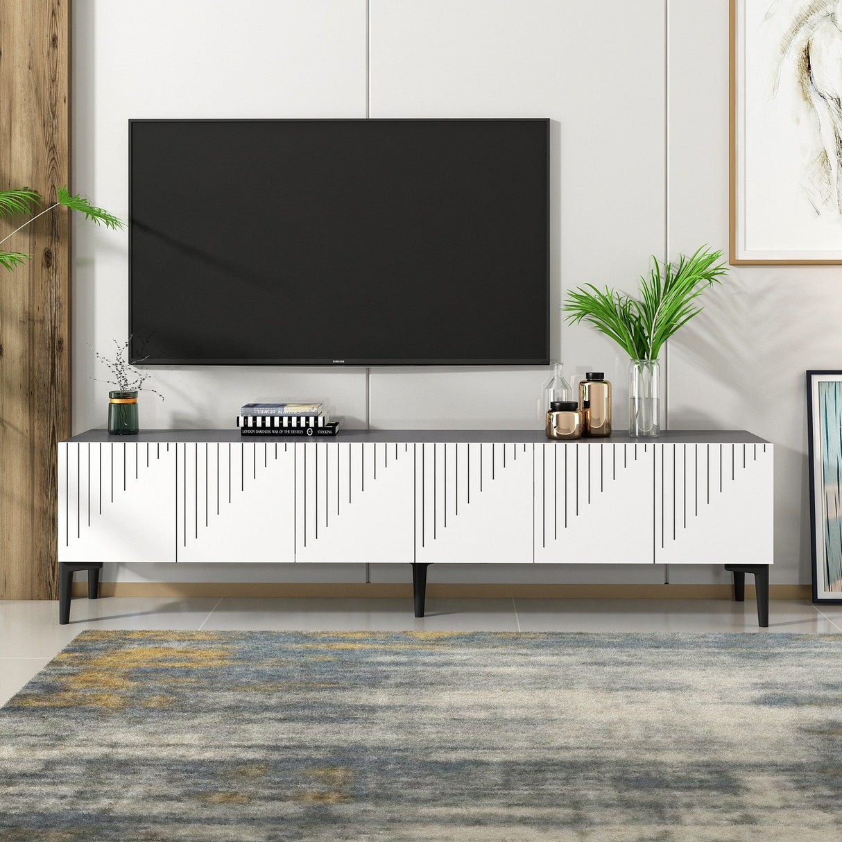 Comodă TV Artemis, Diverse culori, 180x37x45 cm - Alb - Antracit | SKU: 475OLV1462 | Comodă TV Artemis, 180x37x45 cm, varianta Alb - Antracit, produs pentru amenajarea locuinței, disponibil online în România la CasaMob