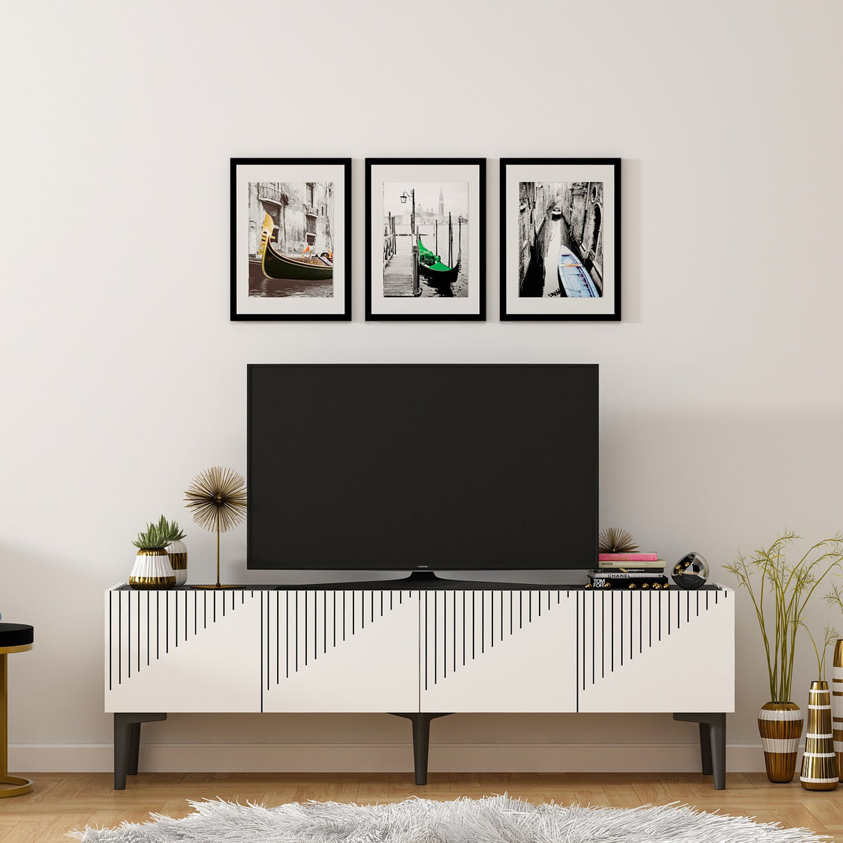 Comodă TV Draw - White, Black Marble, Alb - Negru, 154x37x45 cm