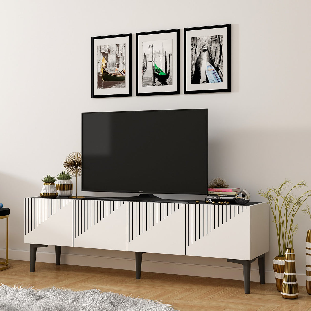 Comodă TV Draw - White, Black Marble, Alb - Negru, 154x37x45 cm