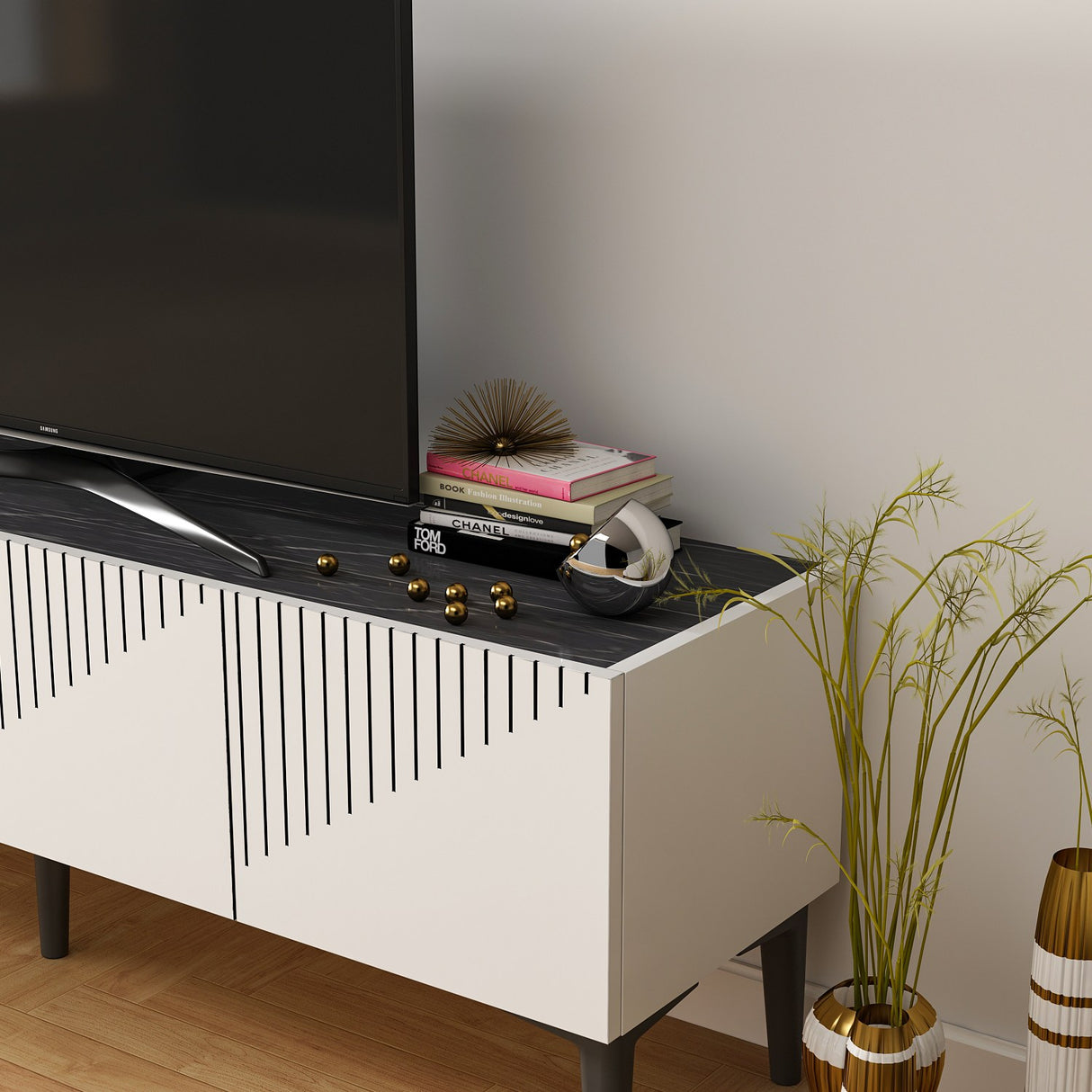 Comodă TV Draw - White, Black Marble, Alb - Negru, 154x37x45 cm