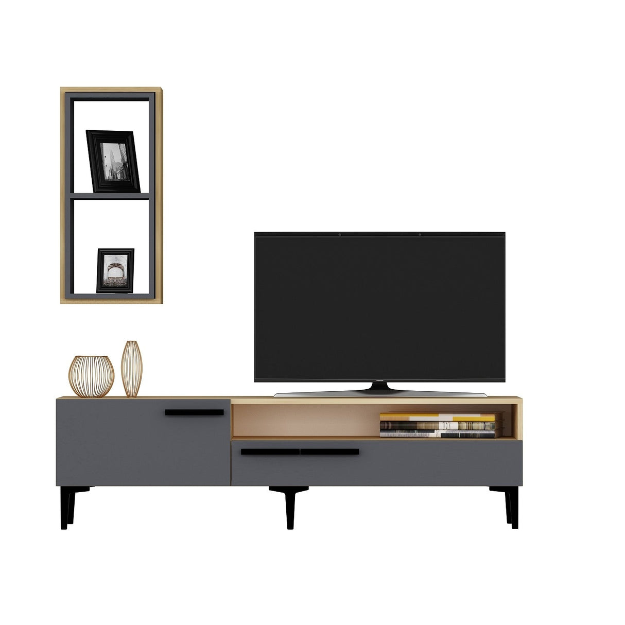 Comodă TV Zera, Diverse culori, 150x35x50 cm - Stejar safir - Antracit | SKU: 475OLV1466 | Comodă TV Zera, 150x35x50 cm, varianta Stejar safir - Antracit, produs pentru amenajarea locuinței, disponibil online în România la CasaMob