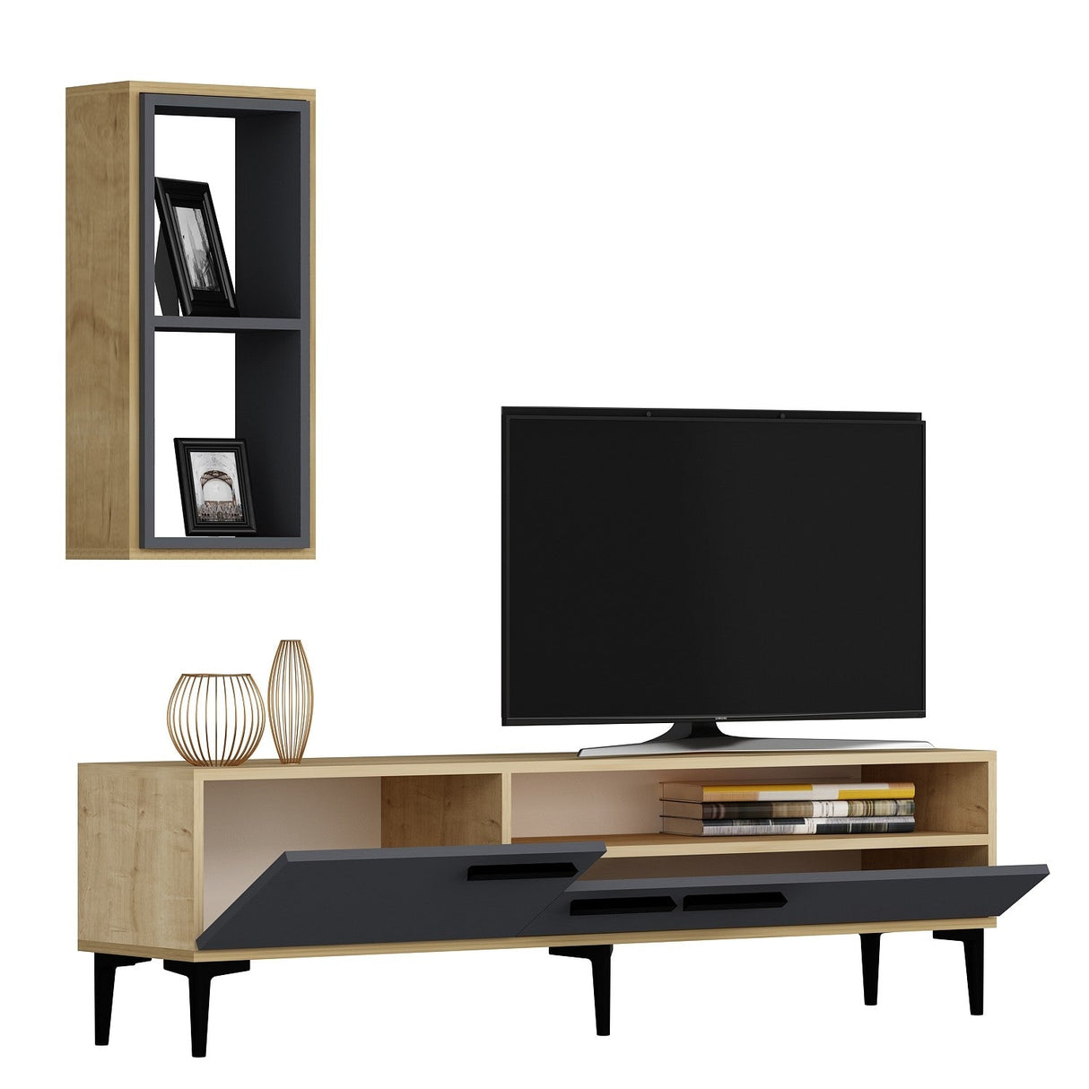 Comodă TV Zera, Diverse culori, 150x35x50 cm - Stejar safir - Antracit | SKU: 475OLV1466 | Comodă TV Zera, 150x35x50 cm, varianta Stejar safir - Antracit, produs pentru amenajarea locuinței, disponibil online în România la CasaMob