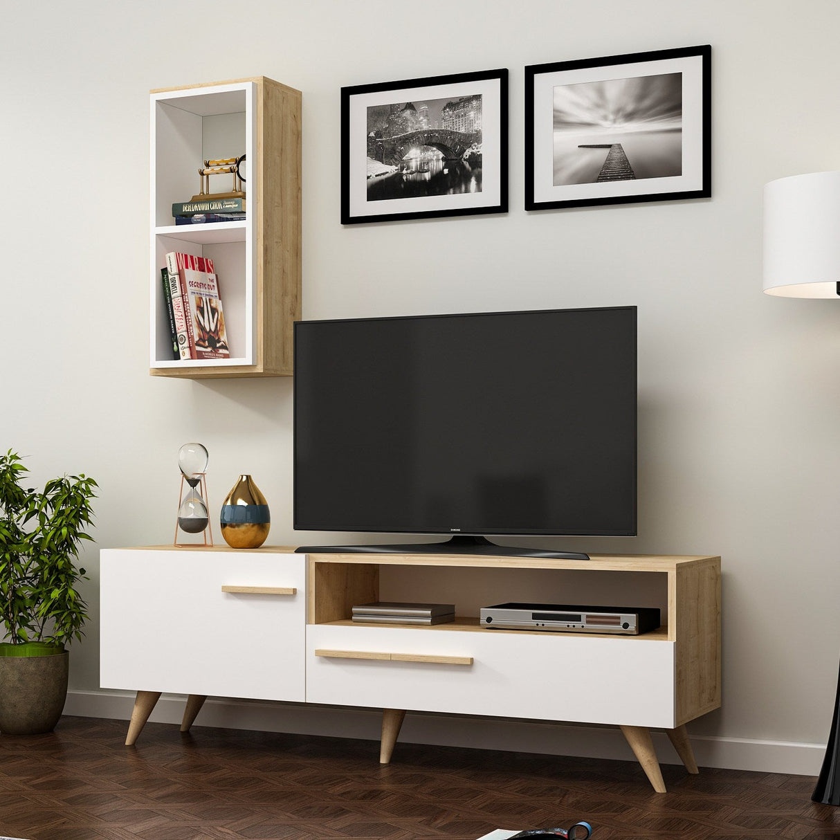 Comodă TV Zera, Diverse culori, 150x35x50 cm - Stejar safir - Alb | SKU: 475OLV1467 | Comodă TV Zera, 150x35x50 cm, varianta Stejar safir - Alb, produs pentru amenajarea locuinței, disponibil online în România la CasaMob