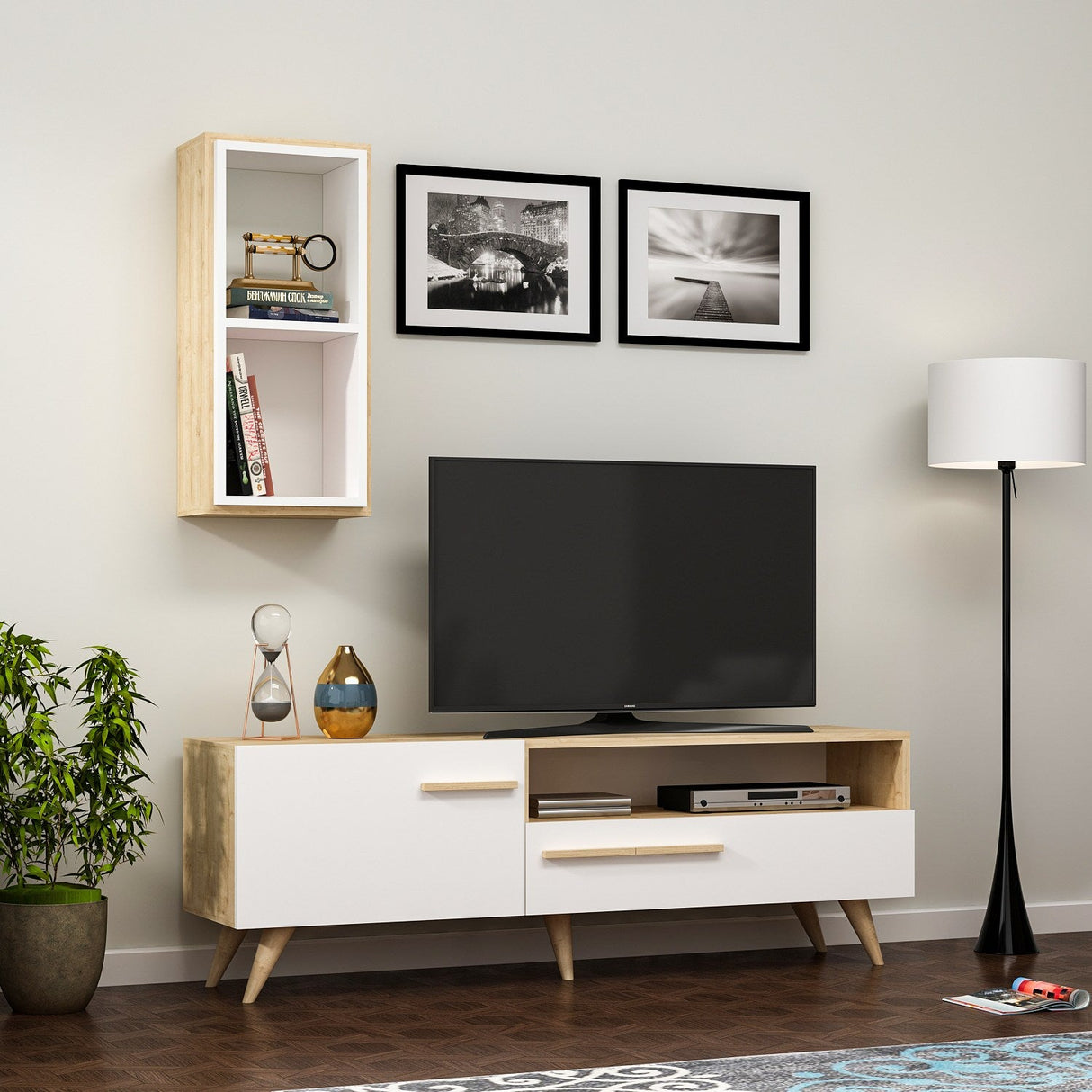 Comodă TV Zera, Diverse culori, 150x35x50 cm - Stejar safir - Alb | SKU: 475OLV1467 | Comodă TV Zera, 150x35x50 cm, varianta Stejar safir - Alb, produs pentru amenajarea locuinței, disponibil online în România la CasaMob
