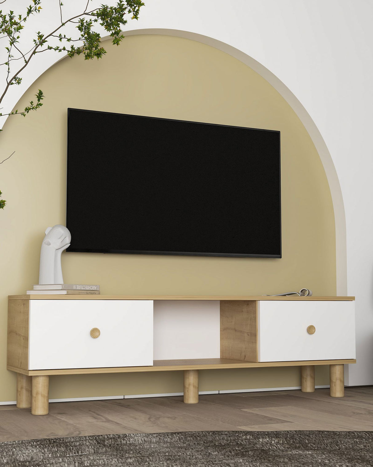 Comodă TV Mono, Diverse culori, 150x30x41 cm - Stejar safir - Alb | SKU: 475OLV1476 | Comodă TV Mono, 150x30x41 cm, varianta Stejar safir - Alb, produs pentru amenajarea locuinței, disponibil online în România la CasaMob