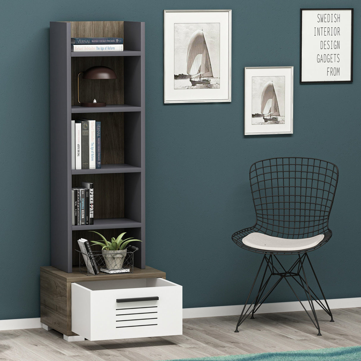 Bibliotecă Dawn, Diverse culori, 35x26x152 cm - Nuc - Alb - Antracit | SKU: 475OLV2110 | Bibliotecă Dawn, 35x26x152 cm, varianta Nuc - Alb - Antracit, produs pentru amenajarea locuinței, disponibil online în România la CasaMob