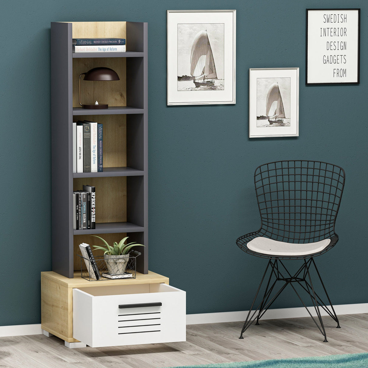 Bibliotecă Dawn, Diverse culori, 35x26x152 cm - Stejar safir - Alb - Antracit | SKU: 475OLV2111 | Bibliotecă Dawn, 35x26x152 cm, varianta Stejar safir - Alb - Antracit, produs pentru amenajarea locuinței, disponibil online în România la CasaMob