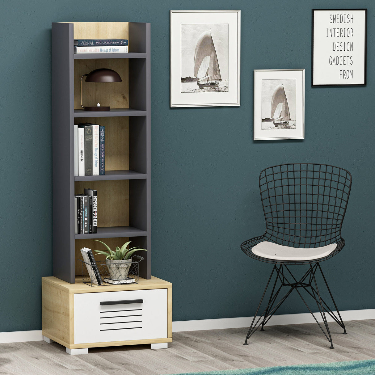 Bibliotecă Dawn, Diverse culori, 35x26x152 cm - Stejar safir - Alb - Antracit | SKU: 475OLV2111 | Bibliotecă Dawn, 35x26x152 cm, varianta Stejar safir - Alb - Antracit, produs pentru amenajarea locuinței, disponibil online în România la CasaMob