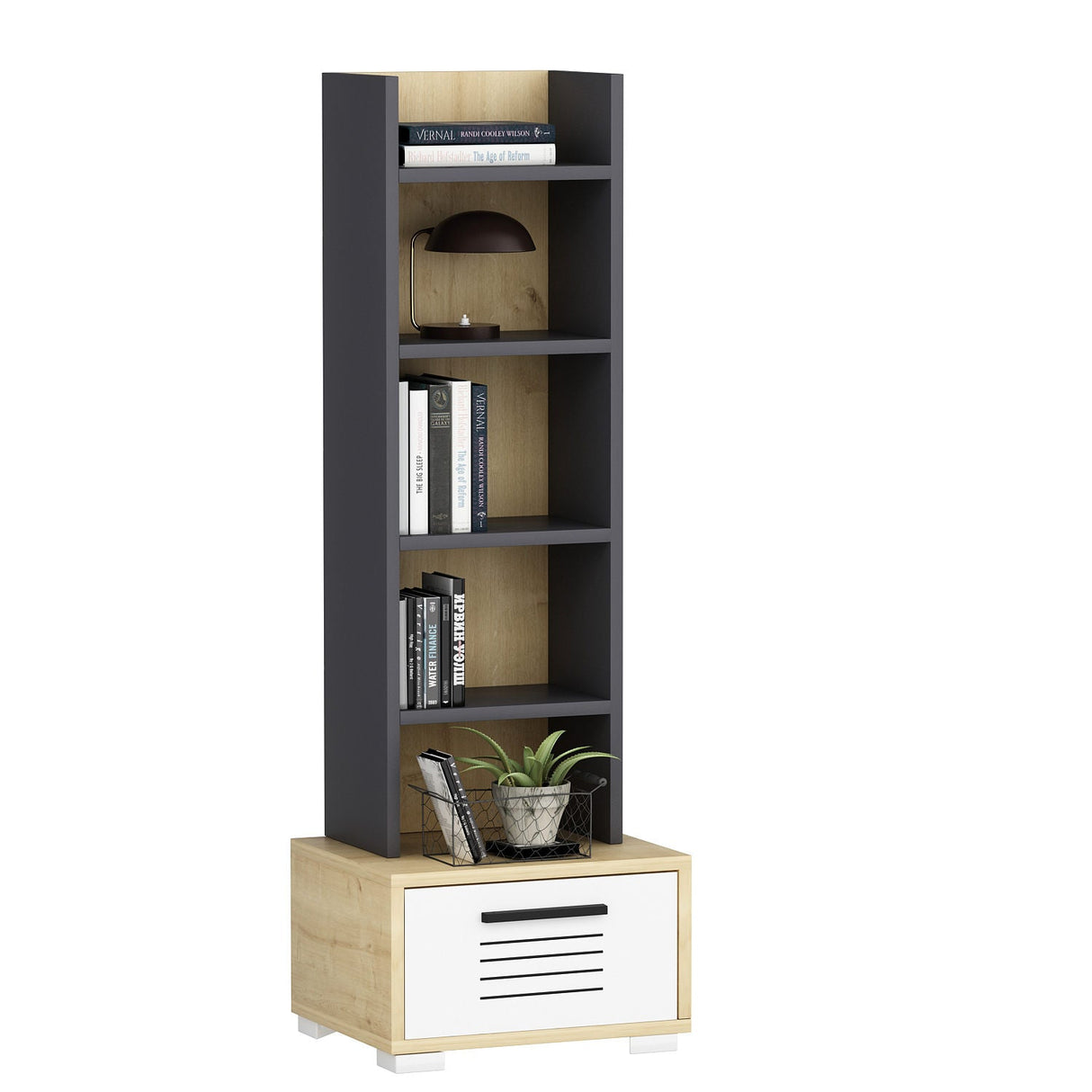 Bibliotecă Dawn, Diverse culori, 35x26x152 cm - Stejar safir - Alb - Antracit | SKU: 475OLV2111 | Bibliotecă Dawn, 35x26x152 cm, varianta Stejar safir - Alb - Antracit, produs pentru amenajarea locuinței, disponibil online în România la CasaMob