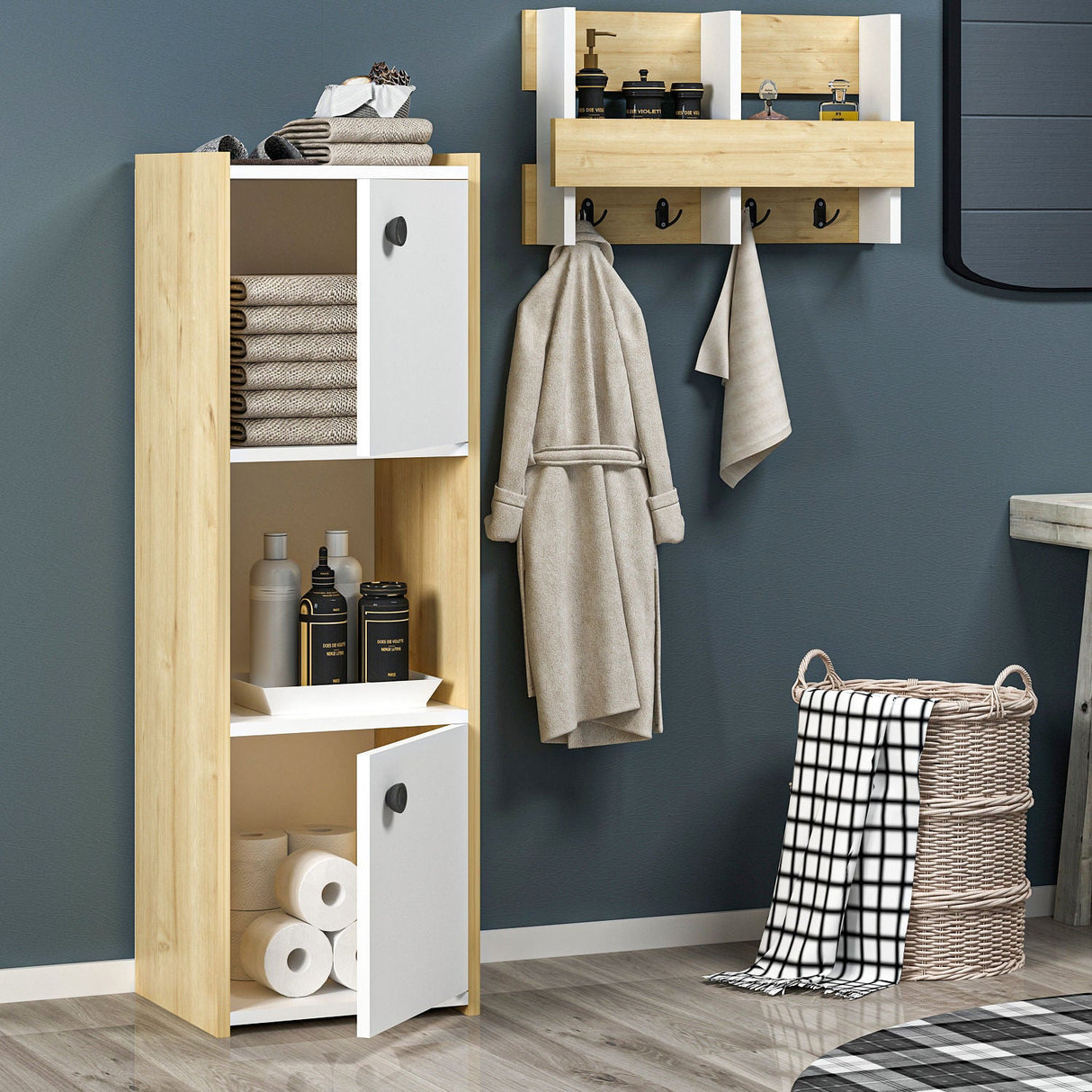 Dulap de baie Teo, Diverse culori, 39x35x120 cm - Stejar safir - Alb | SKU: 475OLV2405 | Dulap de baie Teo, 39x35x120 cm, varianta Stejar safir - Alb, produs pentru amenajarea locuinței, disponibil online în România la CasaMob