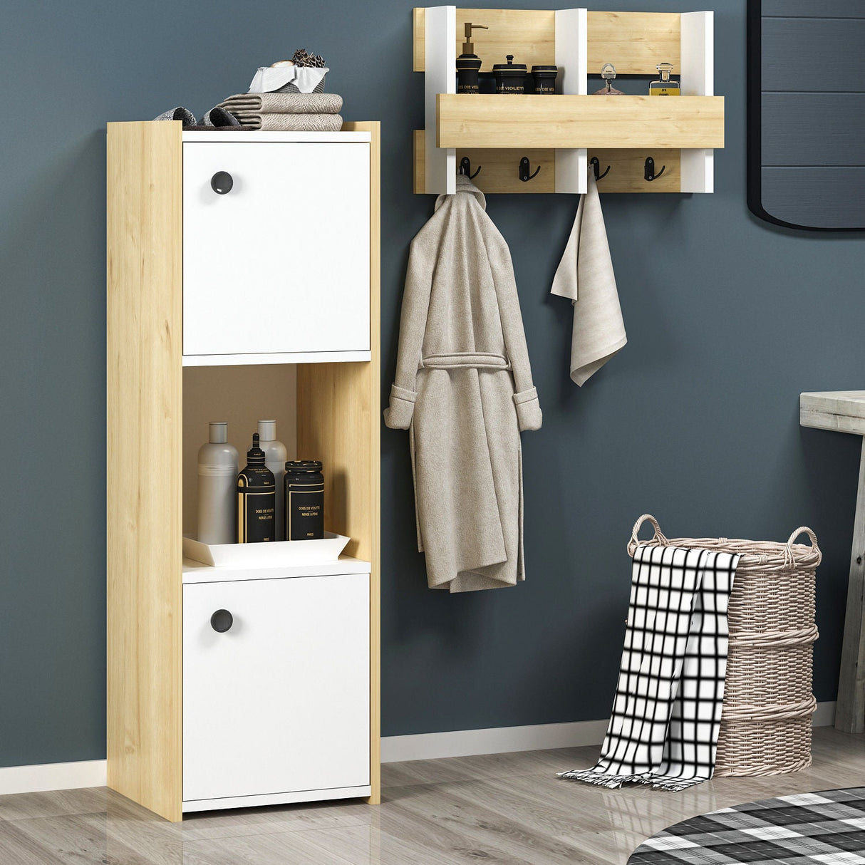 Dulap de baie Teo, Diverse culori, 39x35x120 cm - Stejar safir - Alb | SKU: 475OLV2405 | Dulap de baie Teo, 39x35x120 cm, varianta Stejar safir - Alb, produs pentru amenajarea locuinței, disponibil online în România la CasaMob
