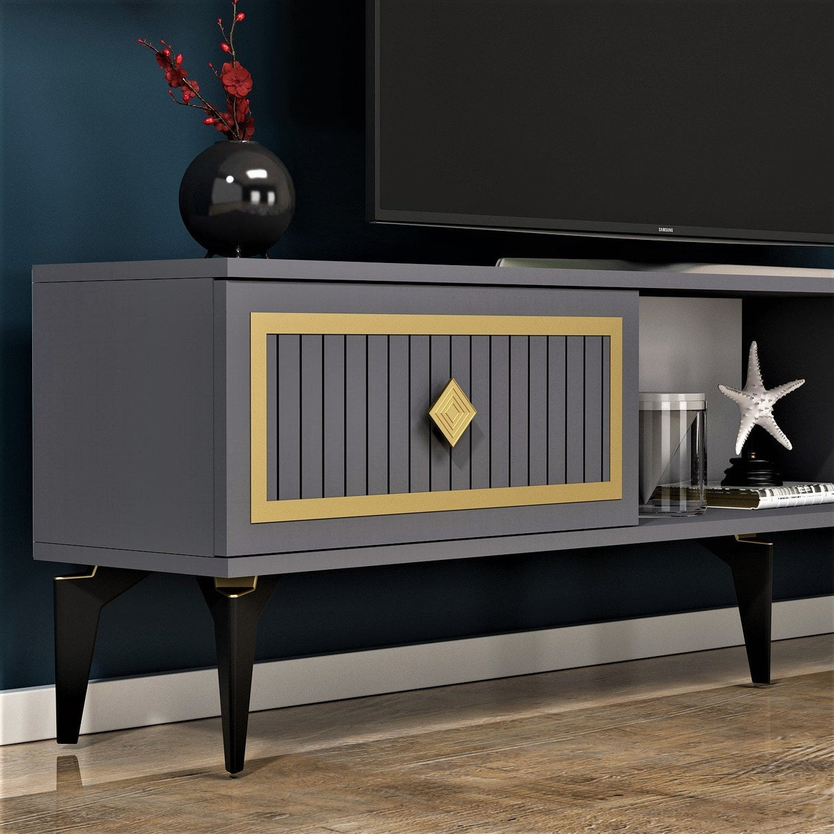 Comodă TV Nil, Diverse culori, 150x30x45 cm - Antracit - Auriu | SKU: 475OLV2637 | Comodă TV Nil, 150x30x45 cm, varianta Antracit - Auriu, produs pentru amenajarea locuinței, disponibil online în România la CasaMob