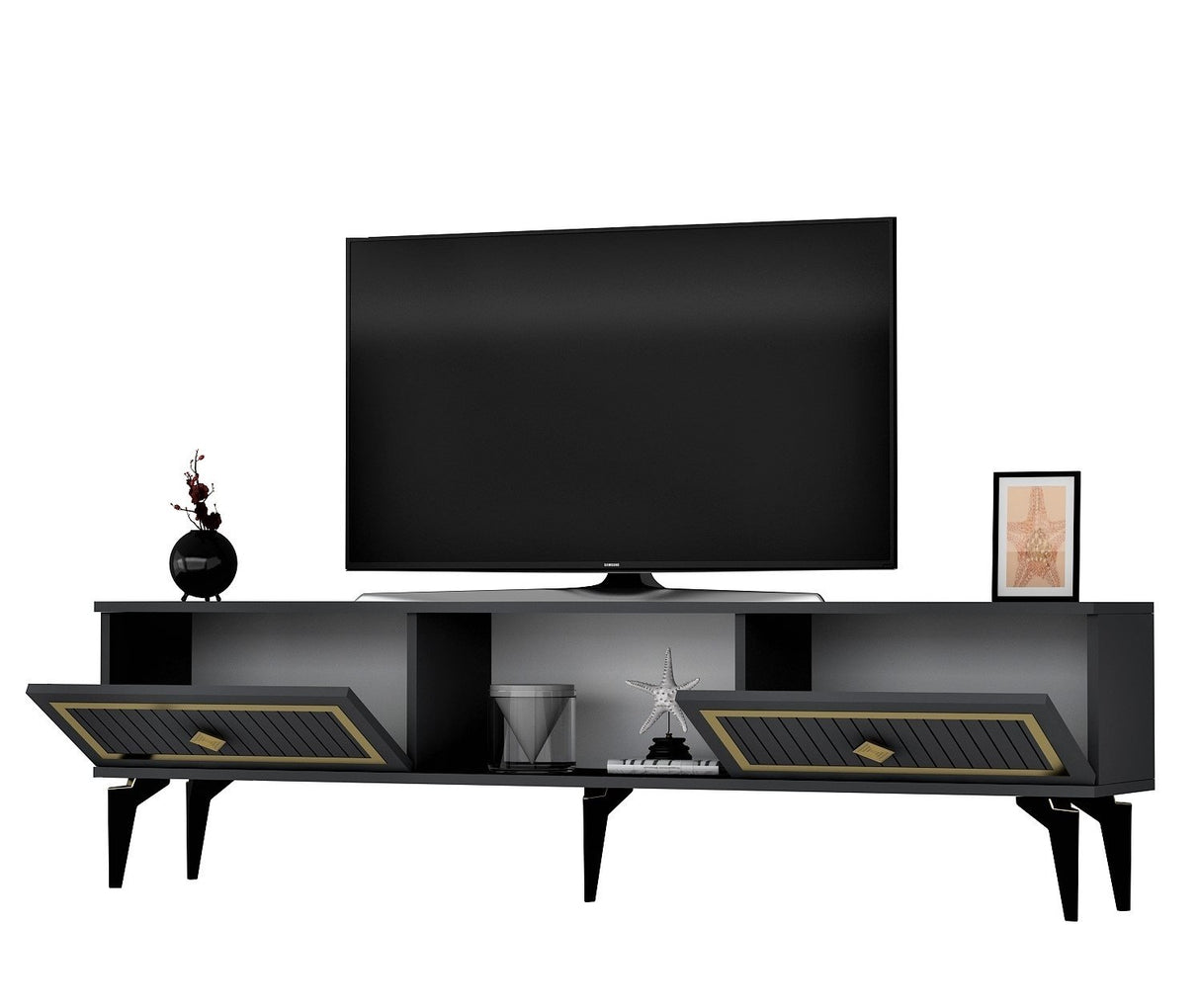 Comodă TV Nil, Diverse culori, 150x30x45 cm - Antracit - Auriu | SKU: 475OLV2637 | Comodă TV Nil, 150x30x45 cm, varianta Antracit - Auriu, produs pentru amenajarea locuinței, disponibil online în România la CasaMob