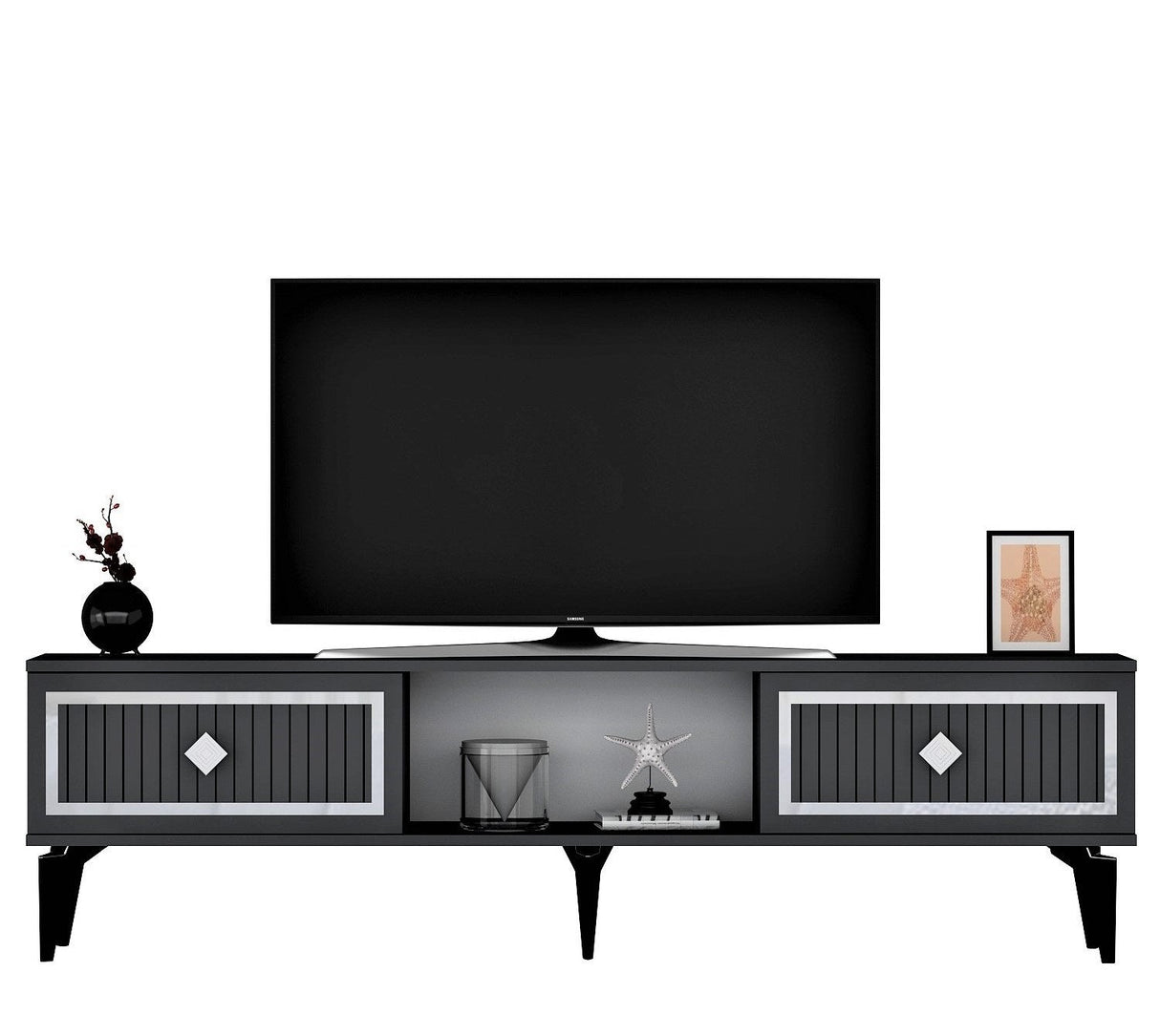 Comodă TV Nil, Diverse culori, 150x30x45 cm - Antracit - Argintiu | SKU: 475OLV2638 | Comodă TV Nil, 150x30x45 cm, varianta Antracit - Argintiu, produs pentru amenajarea locuinței, disponibil online în România la CasaMob