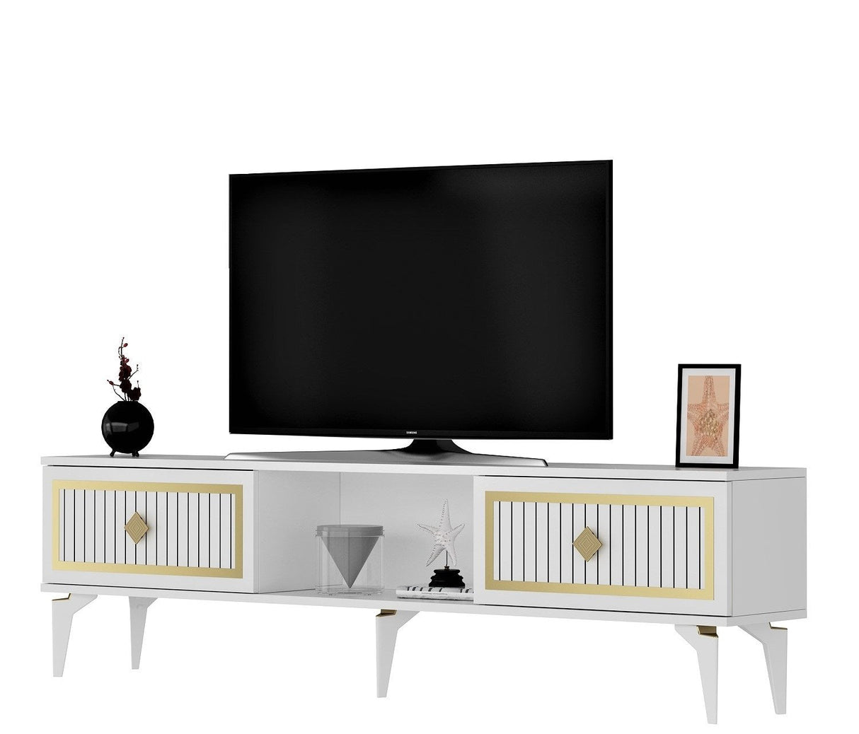 Comodă TV Nil, Diverse culori, 150x30x45 cm - Alb - Auriu | SKU: 475OLV2639 | Comodă TV Nil, 150x30x45 cm, varianta Alb - Auriu, produs pentru amenajarea locuinței, disponibil online în România la CasaMob