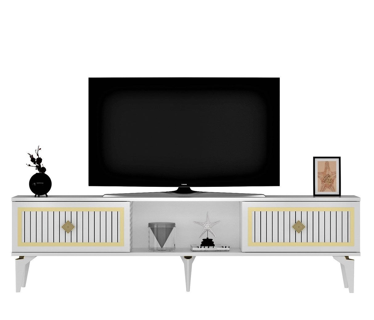 Comodă TV Nil, Diverse culori, 150x30x45 cm - Alb - Auriu | SKU: 475OLV2639 | Comodă TV Nil, 150x30x45 cm, varianta Alb - Auriu, produs pentru amenajarea locuinței, disponibil online în România la CasaMob