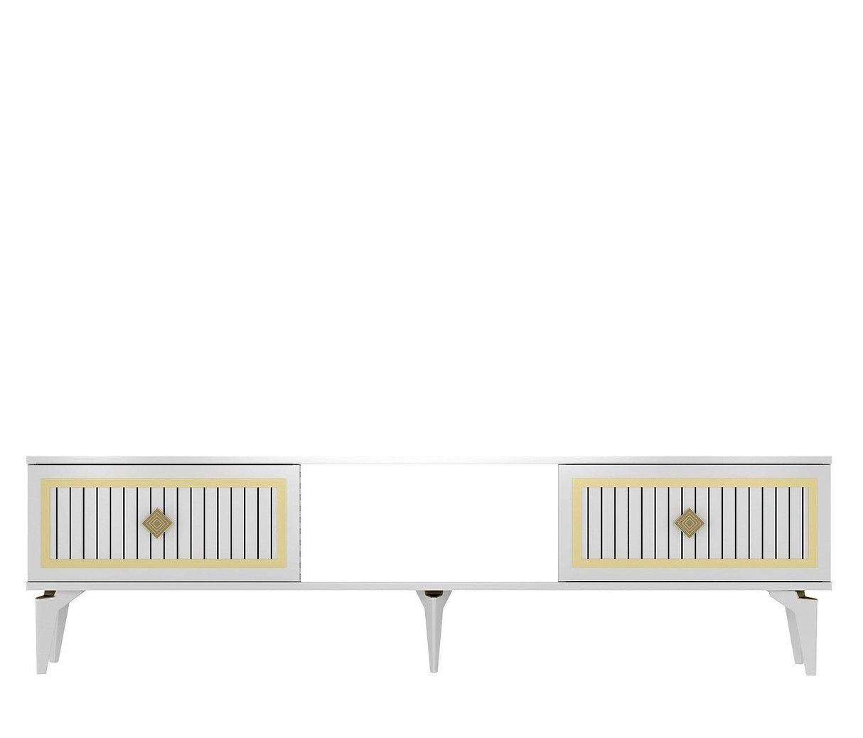 Comodă TV Nil, Diverse culori, 150x30x45 cm - Alb - Auriu | SKU: 475OLV2639 | Comodă TV Nil, 150x30x45 cm, varianta Alb - Auriu, produs pentru amenajarea locuinței, disponibil online în România la CasaMob