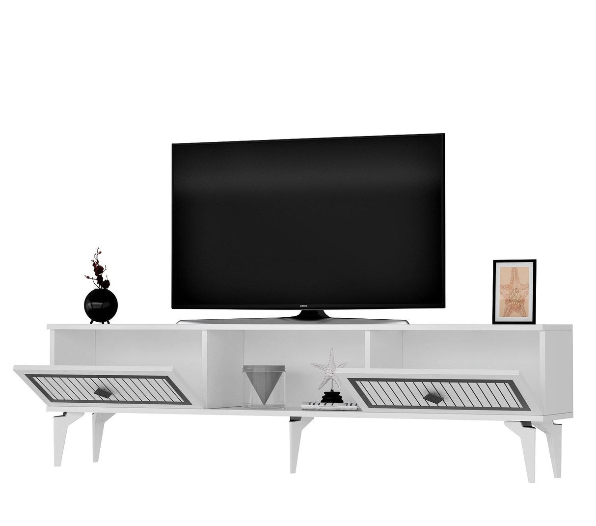 Comodă TV Nil, Diverse culori, 150x30x45 cm - Alb - Argintiu | SKU: 475OLV2640 | Comodă TV Nil, 150x30x45 cm, varianta Alb - Argintiu, produs pentru amenajarea locuinței, disponibil online în România la CasaMob