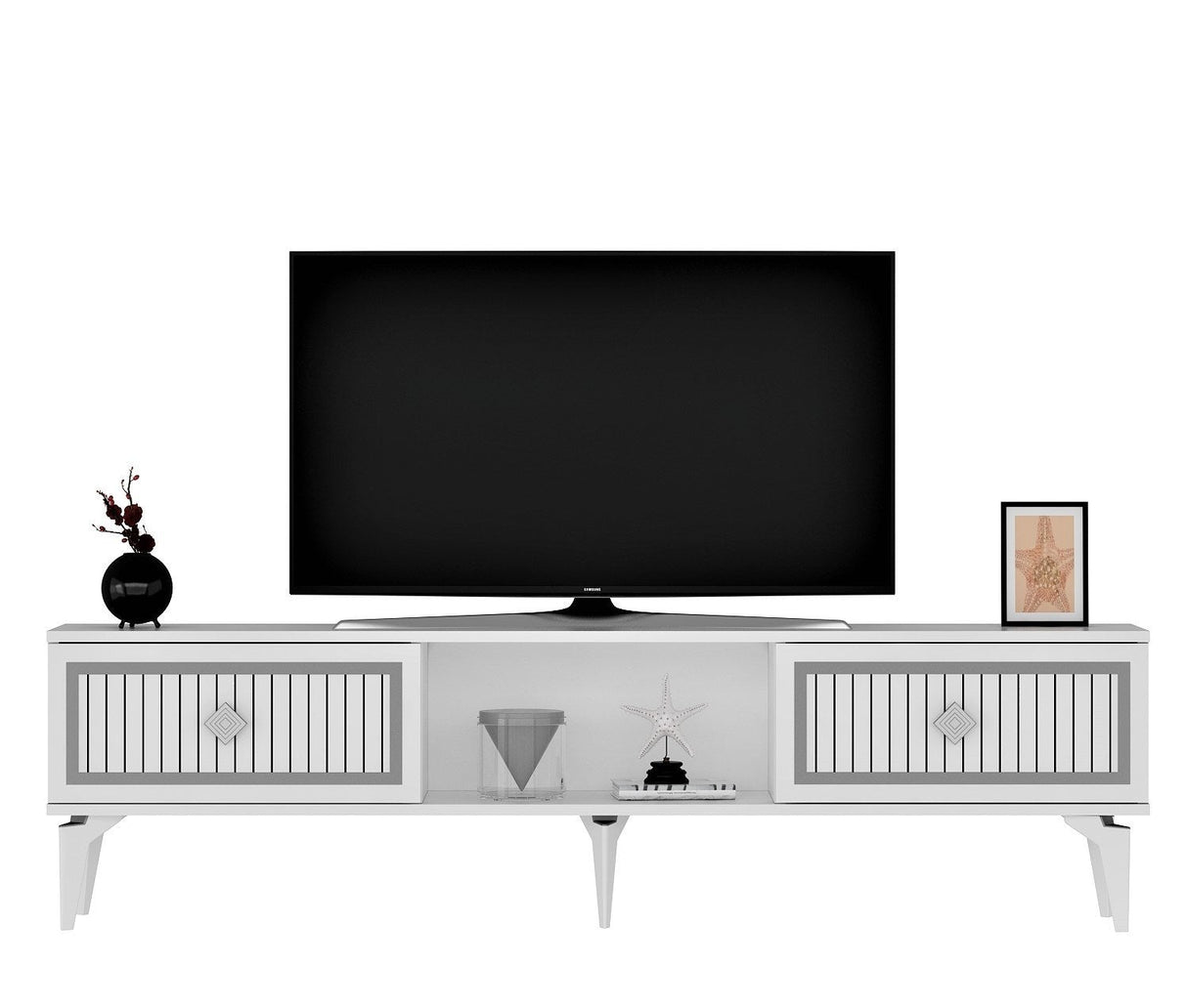 Comodă TV Nil, Diverse culori, 150x30x45 cm - Alb - Argintiu | SKU: 475OLV2640 | Comodă TV Nil, 150x30x45 cm, varianta Alb - Argintiu, produs pentru amenajarea locuinței, disponibil online în România la CasaMob