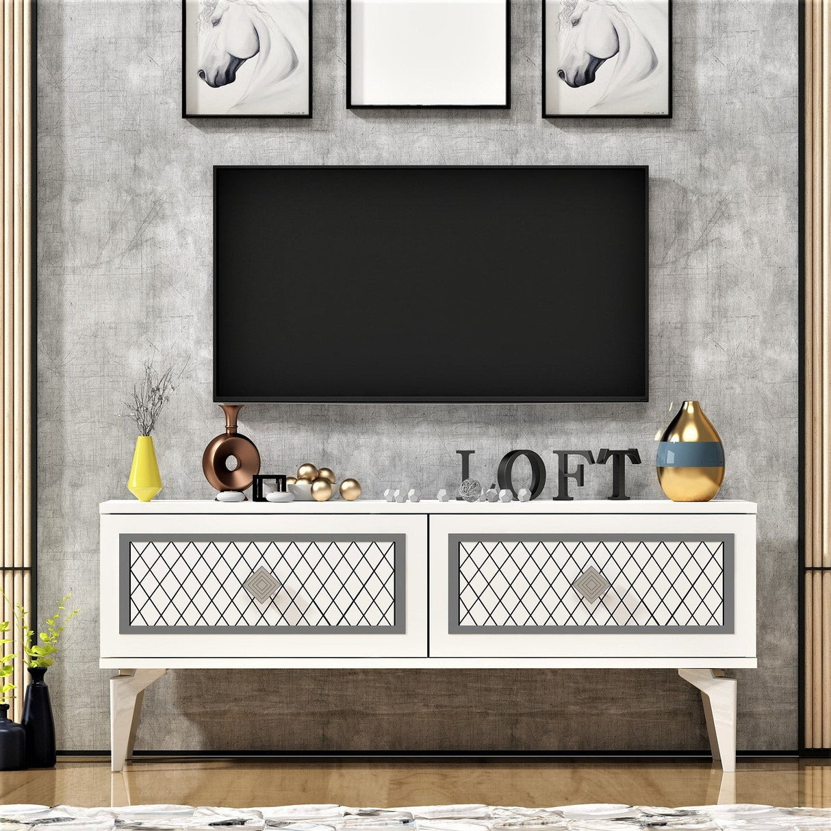 Comodă TV Arel, Diverse culori - Alb - Argintiu | SKU: 475OLV2648 | Comodă TV Arel, varianta Alb - Argintiu, produs pentru amenajarea locuinței, disponibil online în România la CasaMob