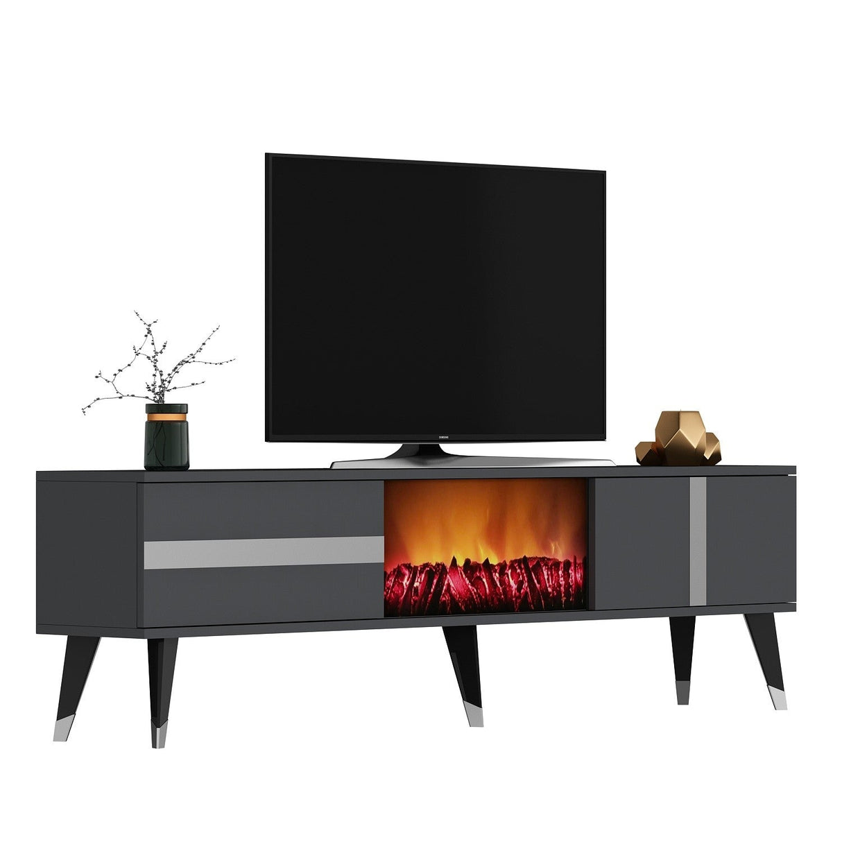 Comodă TV Vania Fireplace, Diverse culori, 150x30x50 cm - Antracit - Argintiu | SKU: 475OLV2652 | Comodă TV Vania Fireplace, 150x30x50 cm, varianta Antracit - Argintiu, produs pentru amenajarea locuinței, disponibil online în România la CasaMob