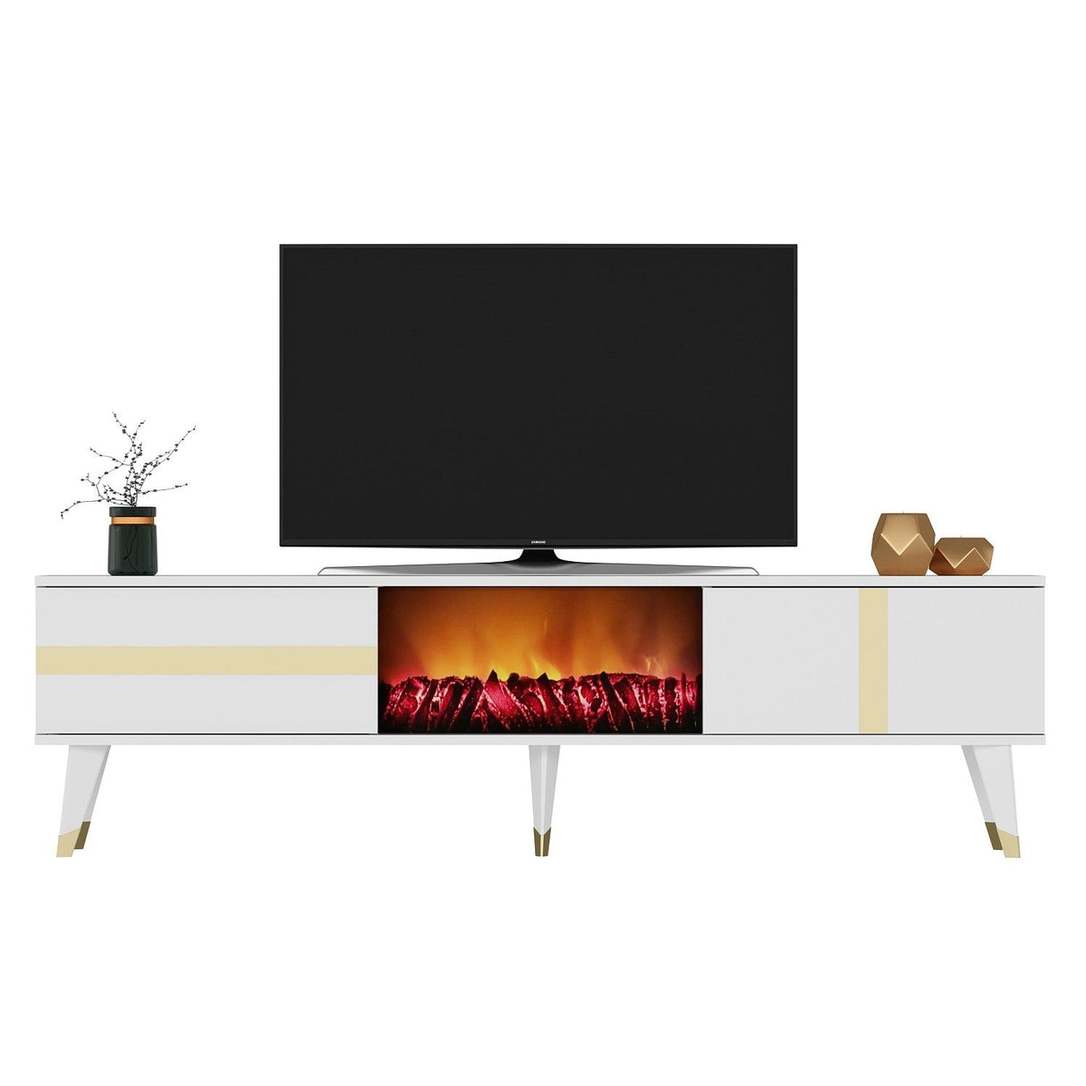 Comodă TV Vania Fireplace, Diverse culori, 150x30x50 cm - Alb - Auriu | SKU: 475OLV2653 | Comodă TV Vania Fireplace, 150x30x50 cm, varianta Alb - Auriu, produs pentru amenajarea locuinței, disponibil online în România la CasaMob