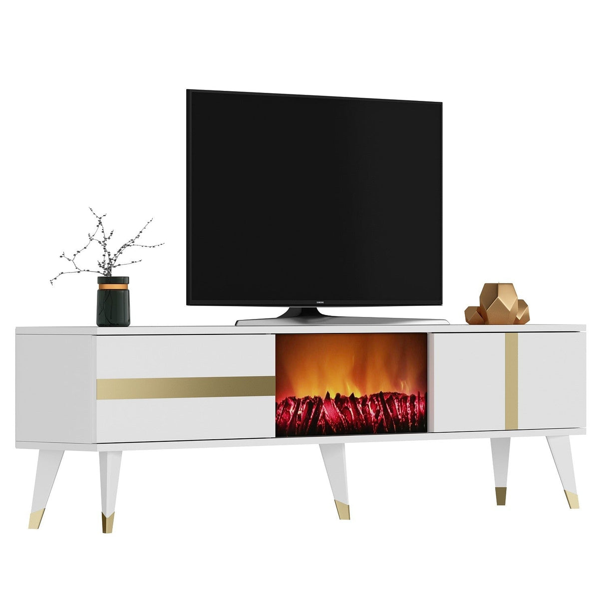 Comodă TV Vania Fireplace, Diverse culori, 150x30x50 cm - Alb - Auriu | SKU: 475OLV2653 | Comodă TV Vania Fireplace, 150x30x50 cm, varianta Alb - Auriu, produs pentru amenajarea locuinței, disponibil online în România la CasaMob