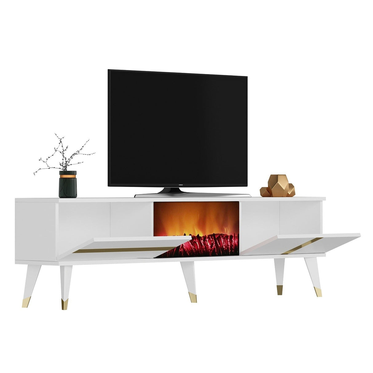 Comodă TV Vania Fireplace, Diverse culori, 150x30x50 cm - Alb - Auriu | SKU: 475OLV2653 | Comodă TV Vania Fireplace, 150x30x50 cm, varianta Alb - Auriu, produs pentru amenajarea locuinței, disponibil online în România la CasaMob