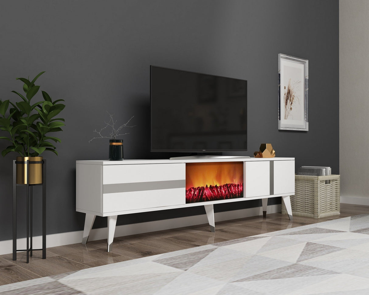 Comodă TV Vania Fireplace, Diverse culori, 150x30x50 cm - Alb - Argintiu | SKU: 475OLV2654 | Comodă TV Vania Fireplace, 150x30x50 cm, varianta Alb - Argintiu, produs pentru amenajarea locuinței, disponibil online în România la CasaMob