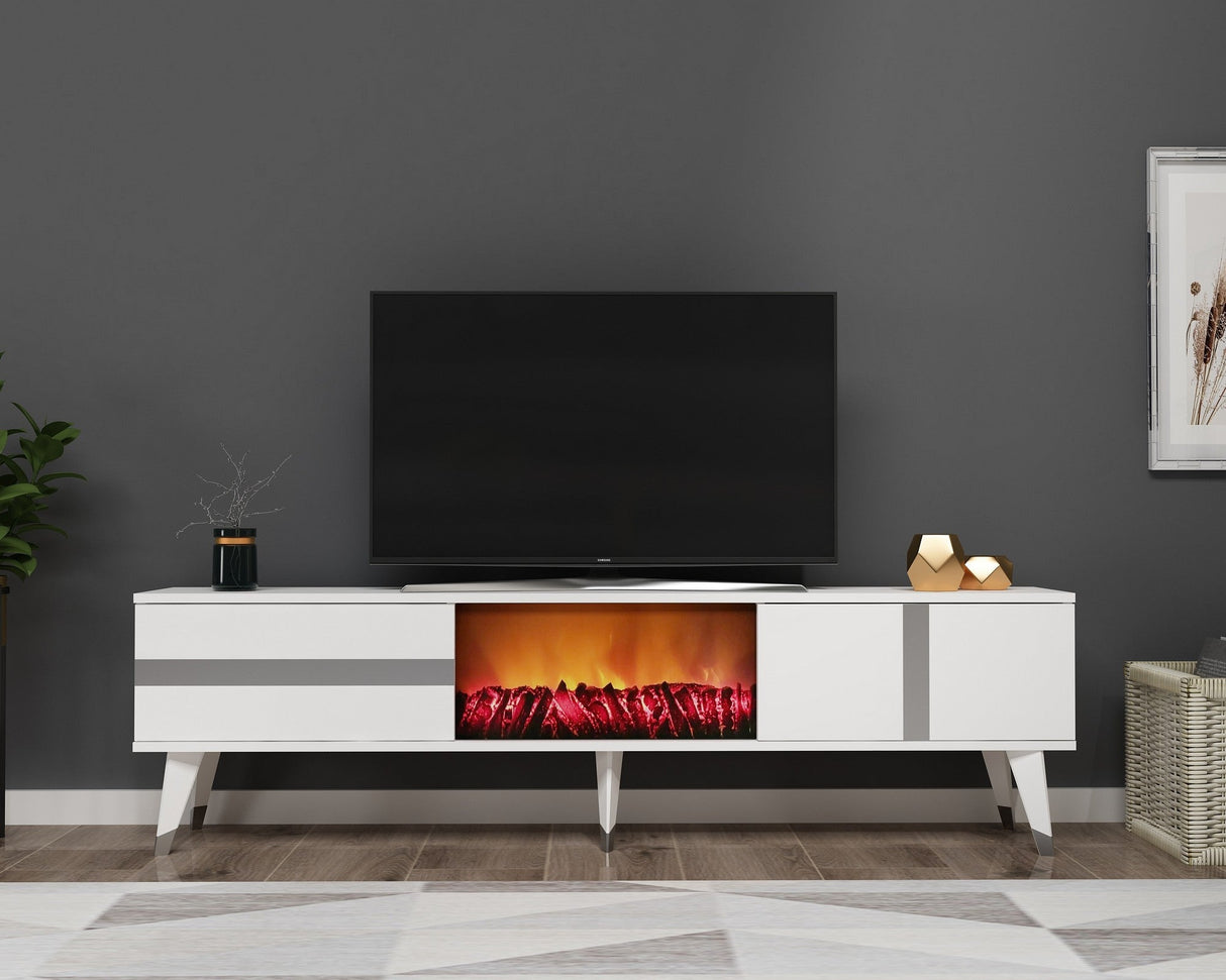 Comodă TV Vania Fireplace, Diverse culori, 150x30x50 cm - Alb - Argintiu | SKU: 475OLV2654 | Comodă TV Vania Fireplace, 150x30x50 cm, varianta Alb - Argintiu, produs pentru amenajarea locuinței, disponibil online în România la CasaMob