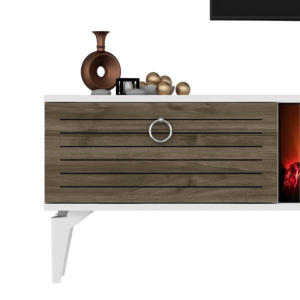 Comodă TV Arona Fireplace, Diverse culori, 150x30x45 cm - Alb - Nuc | SKU: 475OLV2661 | Comodă TV Arona Fireplace, 150x30x45 cm, varianta Alb - Nuc, produs pentru amenajarea locuinței, disponibil online în România la CasaMob