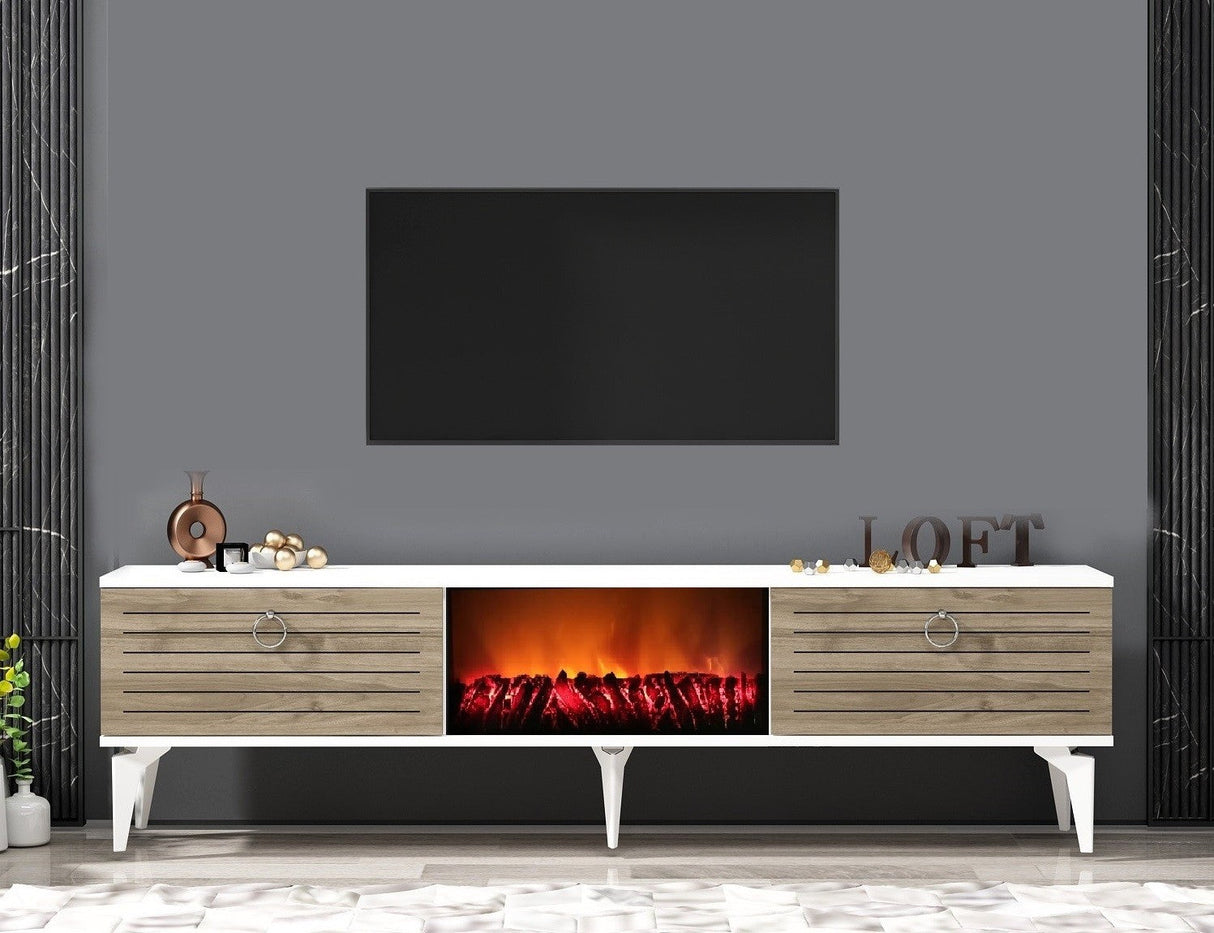 Comodă TV Arona Fireplace, Diverse culori, 150x30x45 cm - Alb - Nuc | SKU: 475OLV2661 | Comodă TV Arona Fireplace, 150x30x45 cm, varianta Alb - Nuc, produs pentru amenajarea locuinței, disponibil online în România la CasaMob
