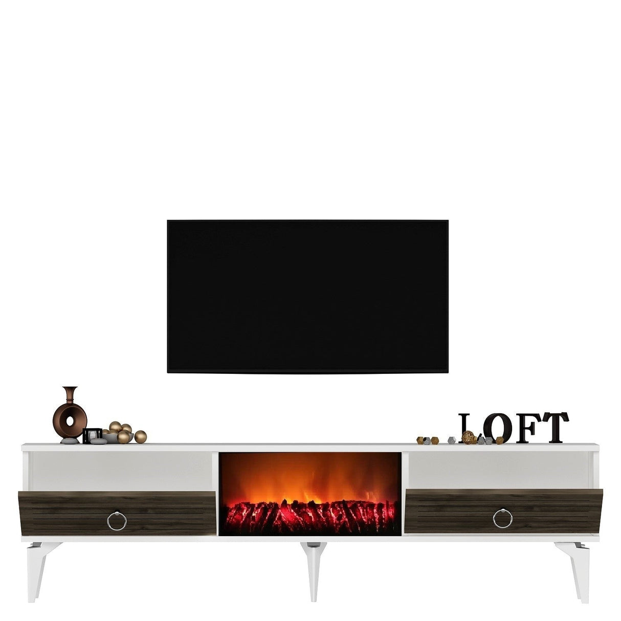 Comodă TV Arona Fireplace, Diverse culori, 150x30x45 cm - Alb - Nuc | SKU: 475OLV2661 | Comodă TV Arona Fireplace, 150x30x45 cm, varianta Alb - Nuc, produs pentru amenajarea locuinței, disponibil online în România la CasaMob