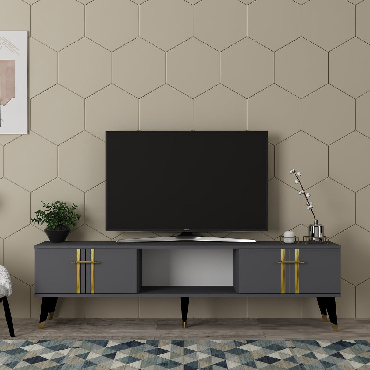 Comodă TV Asel, Diverse culori, 150x30x45 cm - Antracit - Auriu | SKU: 475OLV2696 | Comodă TV Asel, 150x30x45 cm, varianta Antracit - Auriu, produs pentru amenajarea locuinței, disponibil online în România la CasaMob