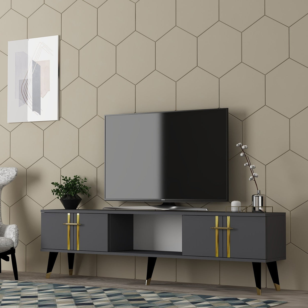 Comodă TV Asel, Diverse culori, 150x30x45 cm - Antracit - Auriu | SKU: 475OLV2696 | Comodă TV Asel, 150x30x45 cm, varianta Antracit - Auriu, produs pentru amenajarea locuinței, disponibil online în România la CasaMob