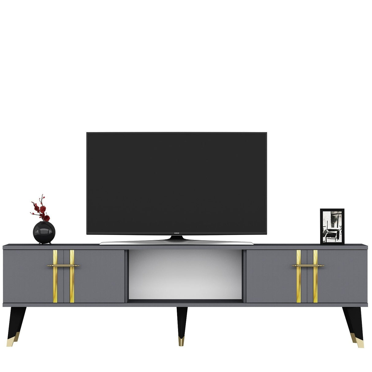 Comodă TV Asel, Diverse culori, 150x30x45 cm - Antracit - Auriu | SKU: 475OLV2696 | Comodă TV Asel, 150x30x45 cm, varianta Antracit - Auriu, produs pentru amenajarea locuinței, disponibil online în România la CasaMob
