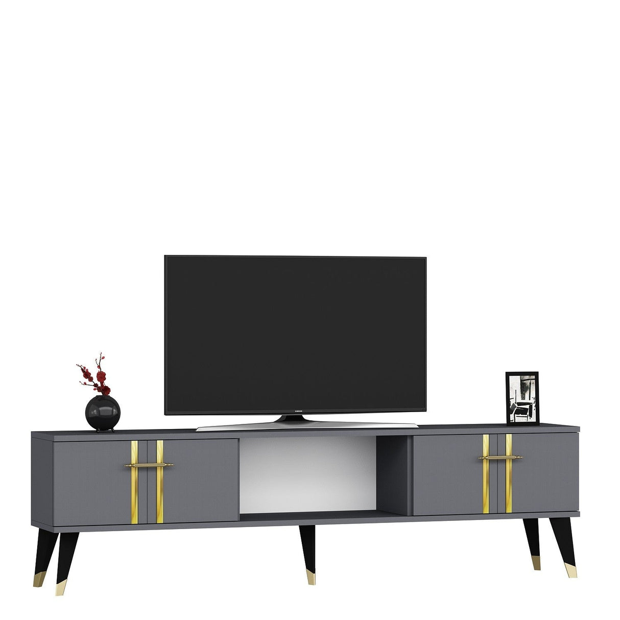 Comodă TV Asel, Diverse culori, 150x30x45 cm - Antracit - Auriu | SKU: 475OLV2696 | Comodă TV Asel, 150x30x45 cm, varianta Antracit - Auriu, produs pentru amenajarea locuinței, disponibil online în România la CasaMob