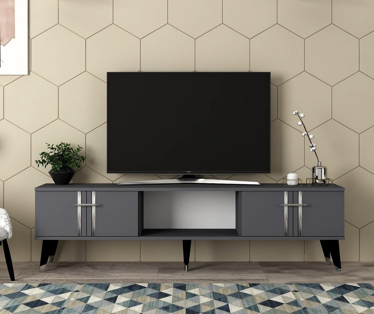Comodă TV Asel, Diverse culori, 150x30x45 cm - Antracit - Argintiu | SKU: 475OLV2697 | Comodă TV Asel, 150x30x45 cm, varianta Antracit - Argintiu, produs pentru amenajarea locuinței, disponibil online în România la CasaMob