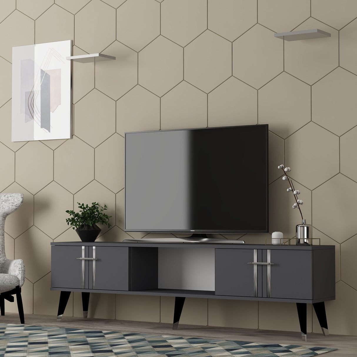 Comodă TV Asel, Diverse culori, 150x30x45 cm - Antracit - Argintiu | SKU: 475OLV2697 | Comodă TV Asel, 150x30x45 cm, varianta Antracit - Argintiu, produs pentru amenajarea locuinței, disponibil online în România la CasaMob