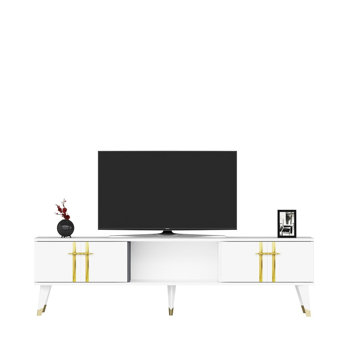 Comodă TV Asel, Diverse culori, 150x30x45 cm - Alb - Auriu | SKU: 475OLV2698 | Comodă TV Asel, 150x30x45 cm, varianta Alb - Auriu, produs pentru amenajarea locuinței, disponibil online în România la CasaMob