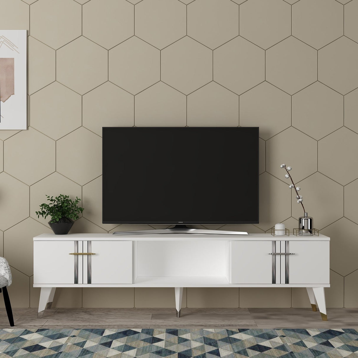 Comodă TV Asel, Diverse culori, 150x30x45 cm - Alb - Argintiu | SKU: 475OLV2699 | Comodă TV Asel, 150x30x45 cm, varianta Alb - Argintiu, produs pentru amenajarea locuinței, disponibil online în România la CasaMob