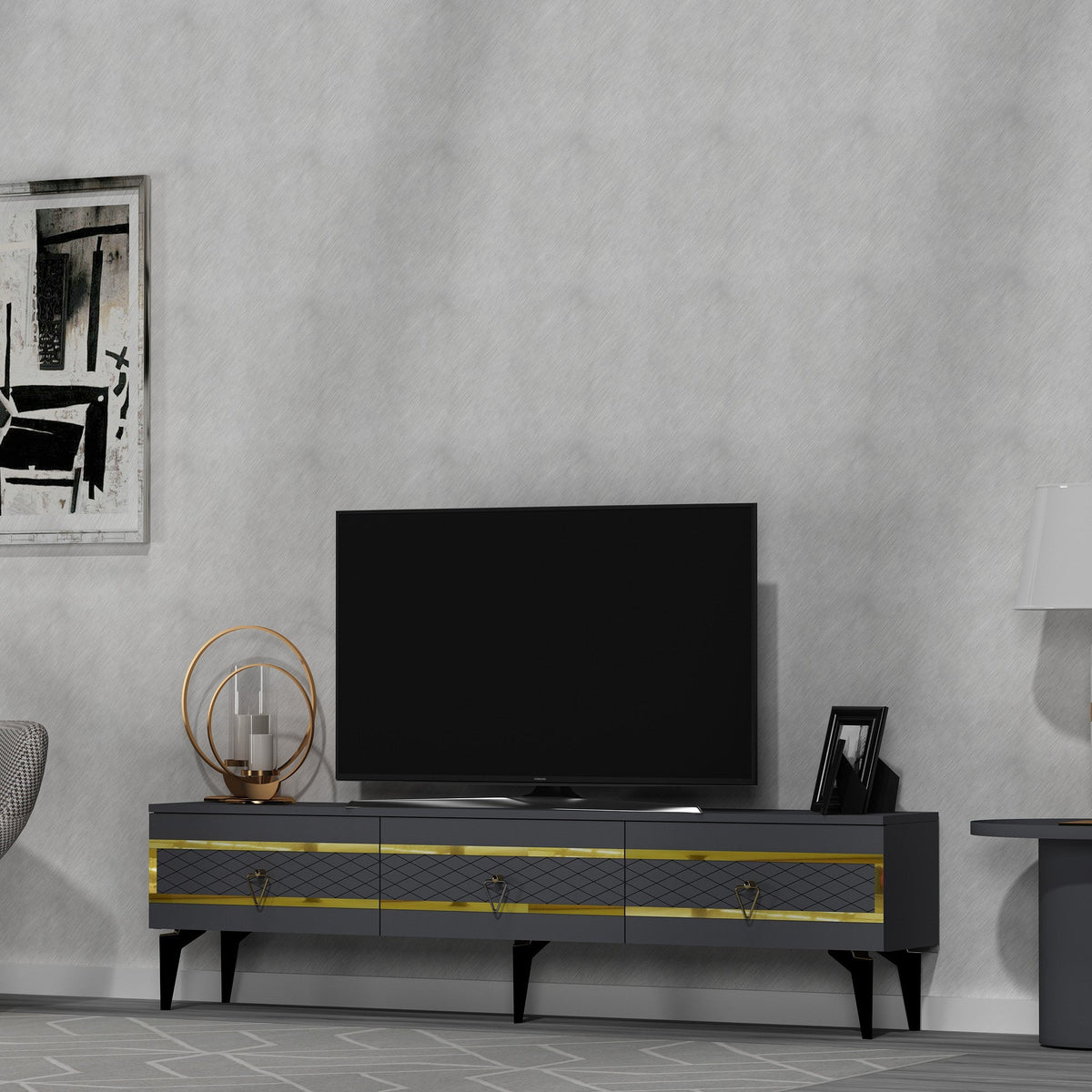 Antracit - Auriu | SKU: 475OLV2705 | Comodă TV Ipek, varianta Antracit - Auriu, produs pentru amenajarea locuinței, disponibil online în România la CasaMob