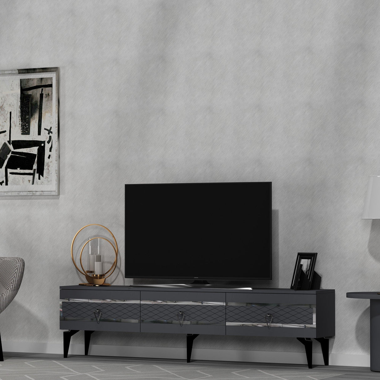 Comodă TV Ipek, Diverse culori - Antracit - Argintiu | SKU: 475OLV2706 | Comodă TV Ipek, varianta Antracit - Argintiu, produs pentru amenajarea locuinței, disponibil online în România la CasaMob