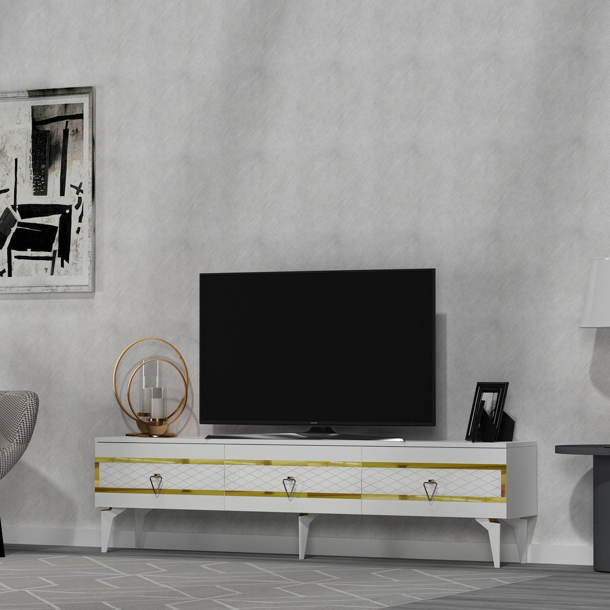 Comodă TV Ipek, Diverse culori - Alb - Auriu | SKU: 475OLV2707 | Comodă TV Ipek, varianta Alb - Auriu, produs pentru amenajarea locuinței, disponibil online în România la CasaMob