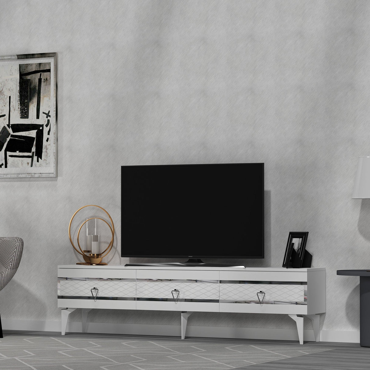 Comodă TV Ipek, Diverse culori - Alb - Argintiu | SKU: 475OLV2708 | Comodă TV Ipek, varianta Alb - Argintiu, produs pentru amenajarea locuinței, disponibil online în România la CasaMob