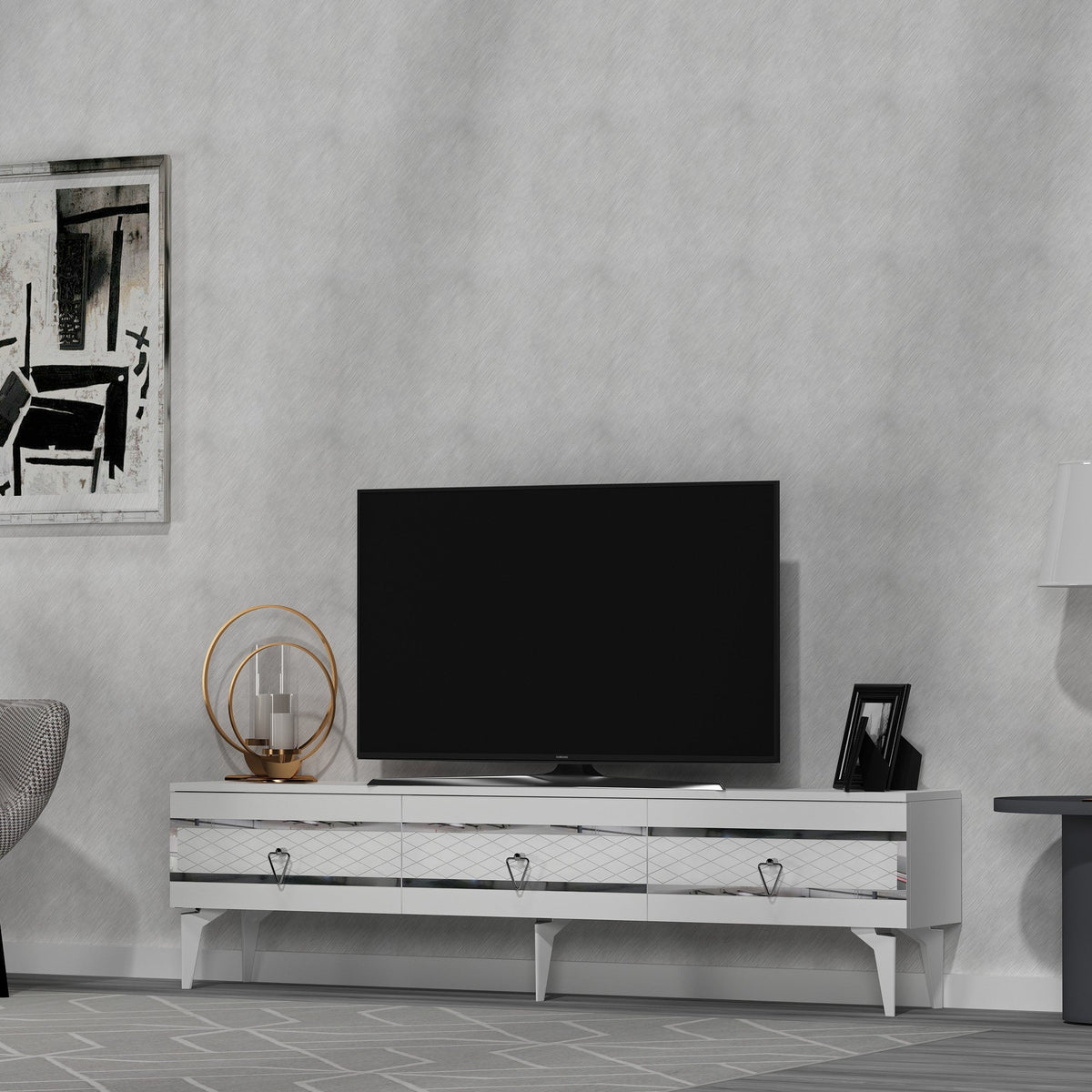 Alb - Argintiu | SKU: 475OLV2708 | Comodă TV Ipek, varianta Alb - Argintiu, produs pentru amenajarea locuinței, disponibil online în România la CasaMob